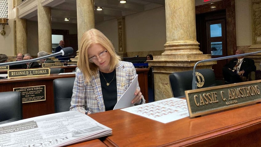 State Senator Cassie Chambers Armstrong of Kentucky sits at her desk in the state Senate chamber