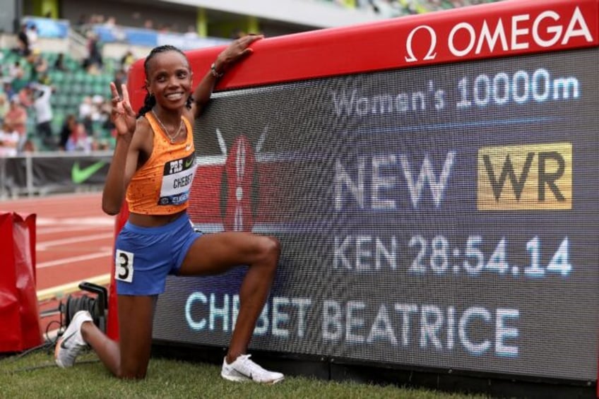 Kenya's Beatrice Chebet celebrates her world record-setting 10,000m victory at the Eugene