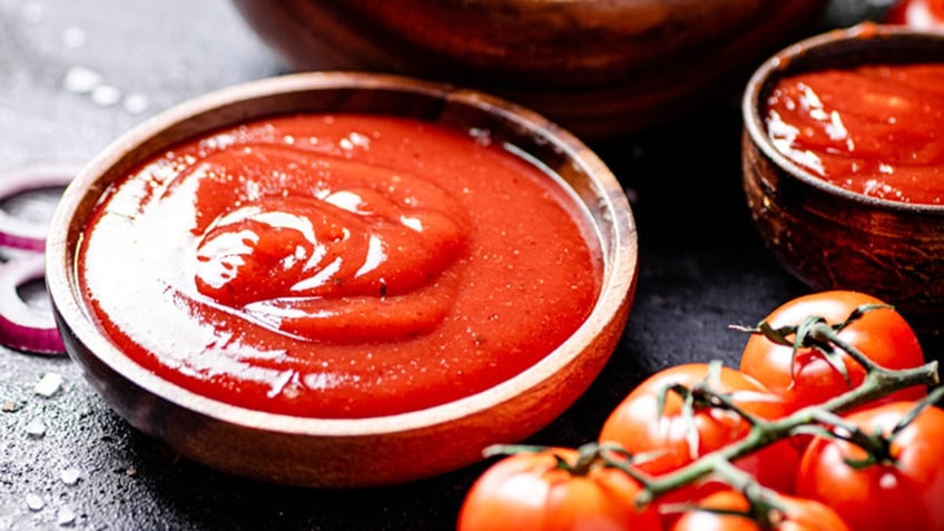 A bowl of ketchup.