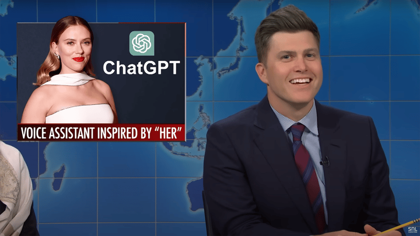 Colin Jost during 'Weekend Update' with an inset of wife Scarlett Johansson and the ChatGPT logo