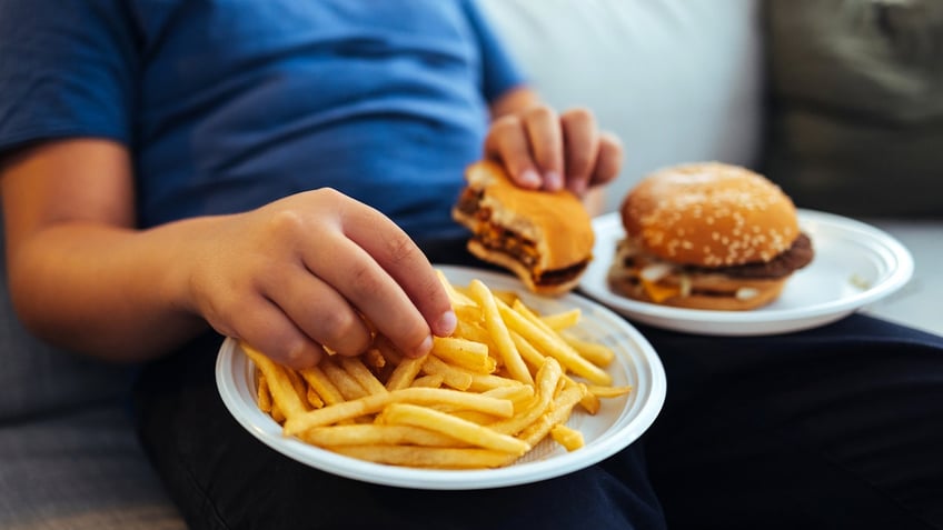 Kid eating burgers and fries