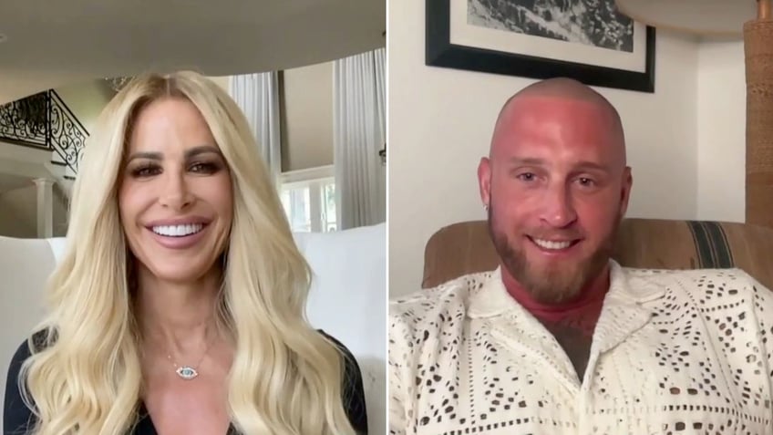 Reality stars Kim Zolciak and Chet Hanks laugh on camera.