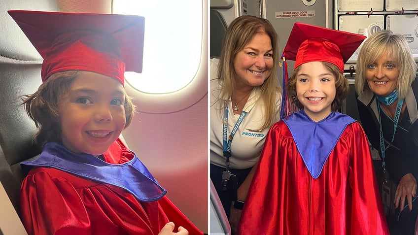 Boy and flight attendants