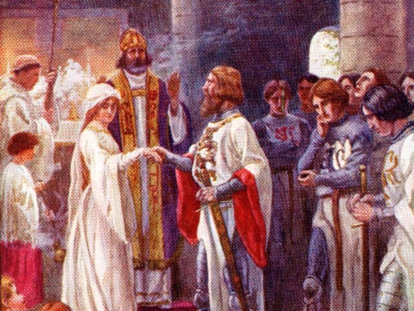 The Marriage of King Arthur and Guinevere. Coloured illustration from the book The Gateway