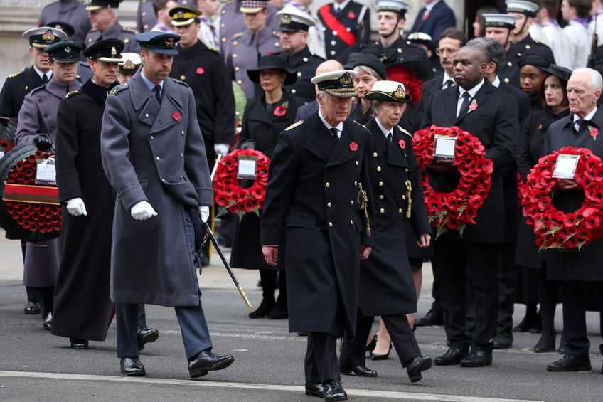 LONDON, ENGLAND - NOVEMBER 10: Prince Edward, Duke of Edinburgh, Prince William, Prince of Wales, King Charles III and Anne, Princess Royal during the National Service of Remembrance at The Cenotaph on November 10, 2024 in London, England. Each year members of the British Royal Family join politicians, veterans and members of the public to remember those who have died in combat. (Photo by Chris Jackson/Getty Images)