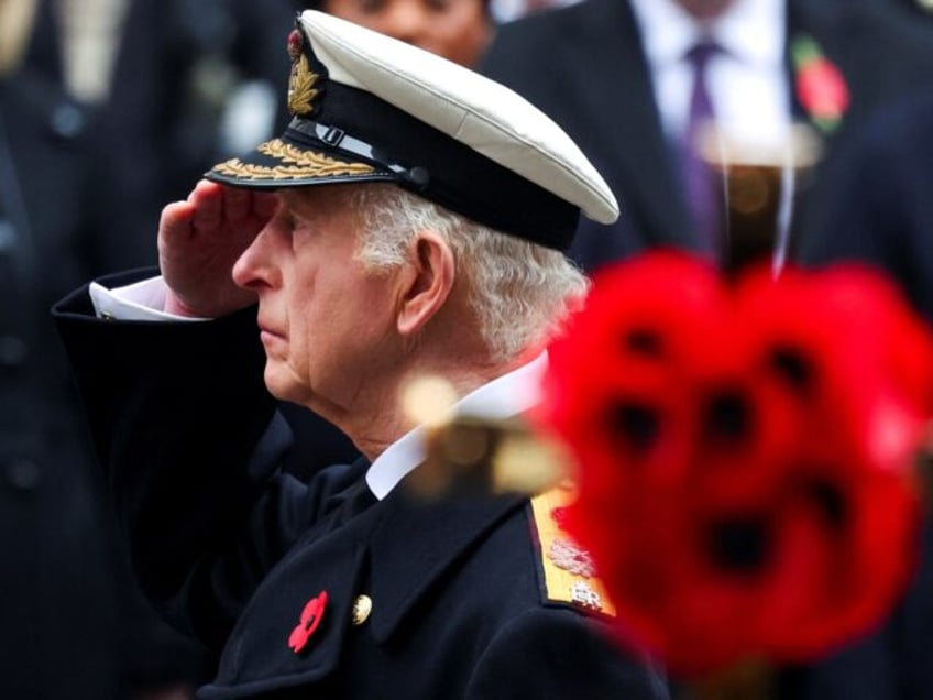 LONDON, ENGLAND - NOVEMBER 10: King Charles III salutes as he attends the annual Service O