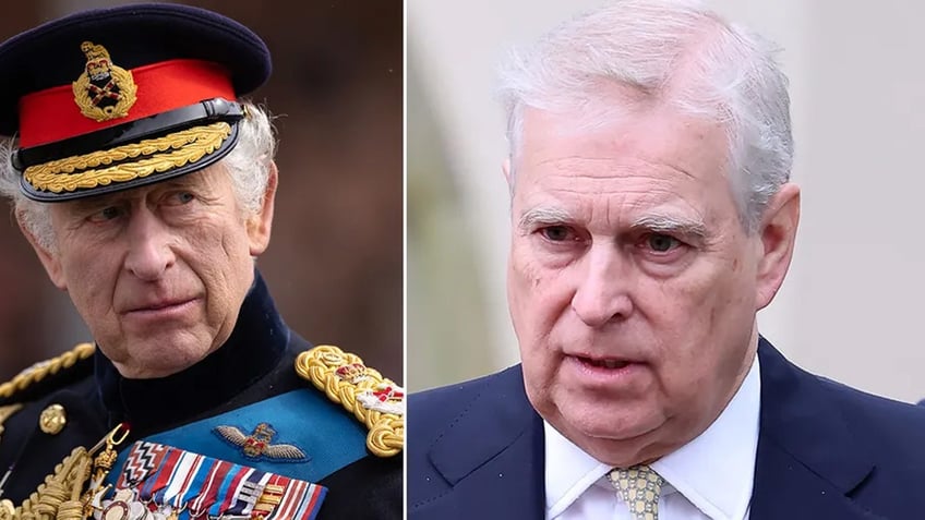 A split side-by-side image of King Charles in uniform and Prince Andrew in a suit.