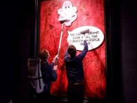 King Charles III portrait is vandalized by animal rights activists, video shows