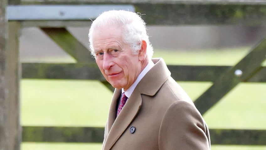 A close-up of King Charles looking to the side wearing a brown coat