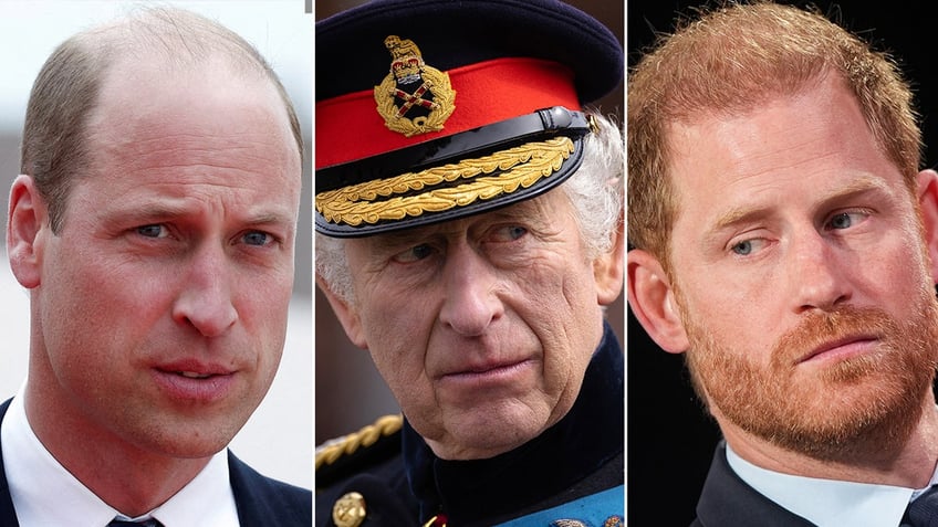 A split side by side image of Prince William, King Charles and Prince Harry