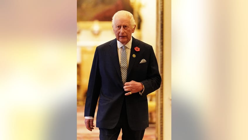 King Charles in a navy suit with a red poppy pin looking serious.