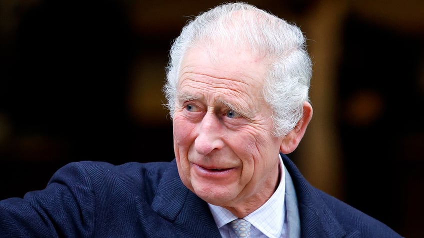 A close-up of King Charles in a suit looking to the side