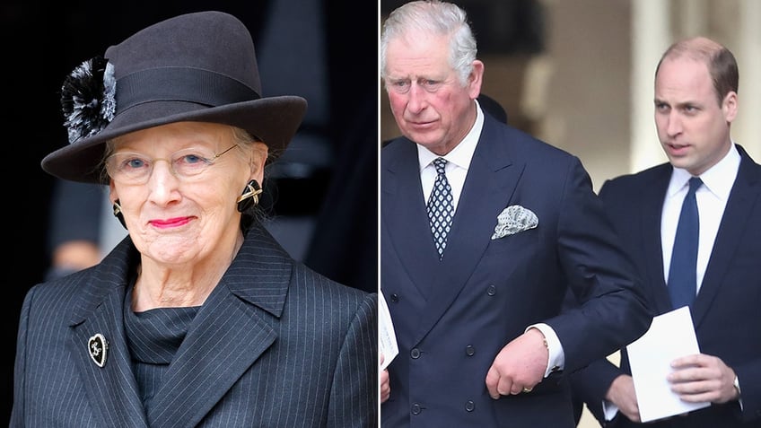 a split side by side image of Queen Margrethe, King Charles and Prince William