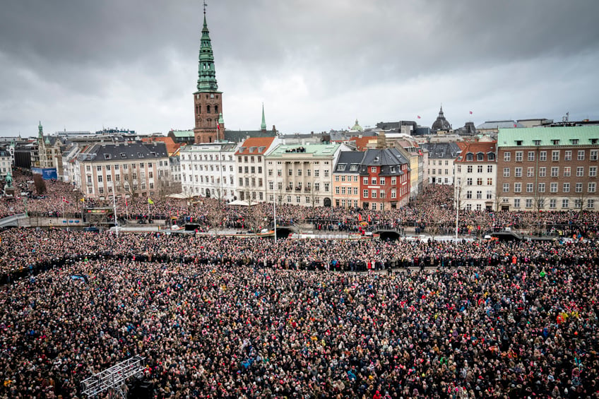 Overall view shows the huge crowd of wellwishers at Christiansborg Palace Square in Copenhagen, Denmark on January 14, 2024, after the declaration of the King's accession to the throne. Denmark turns a page in its history on January 14 when Queen Margrethe abdicates and her son becomes King Frederik X, with more than 100,000 Danes expected to turn out for the unprecedented event. (Photo by Mads Claus Rasmussen / Ritzau Scanpix / AFP) / Denmark OUT (Photo by MADS CLAUS RASMUSSEN/Ritzau Scanpix/AFP via Getty Images)