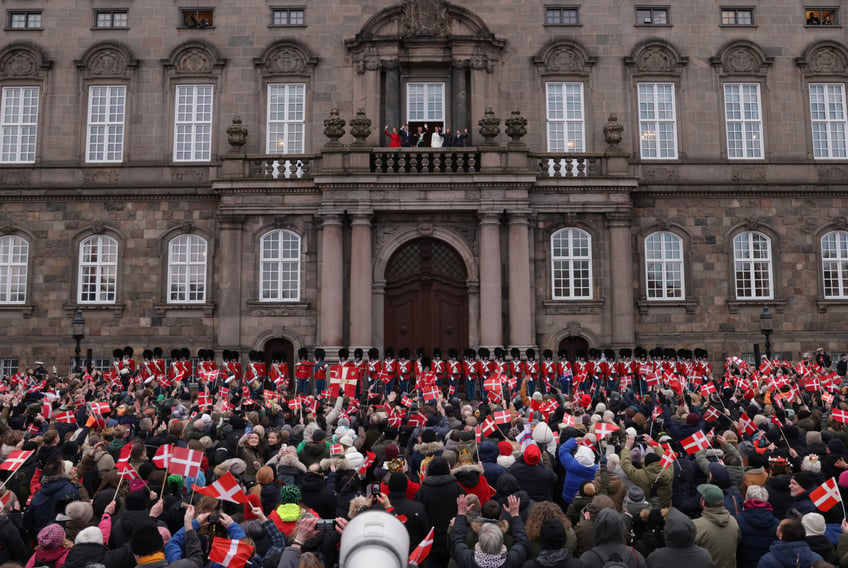 COPENHAGEN, DENMARK - JANUARY 14: Danish King Frederik X waves with Queen Mary and their children, Crown Prince Christian, Princess Isabella, Prince Vincent and Princess Josephine, on the balcony of Christiansborg Palace following his proclamation on January 14, 2024 in Copenhagen, Denmark. King Frederik X is succeeding Queen Margrethe II, who has stepped down after reigning for 51 years. (Photo by Sean Gallup/Getty Images)