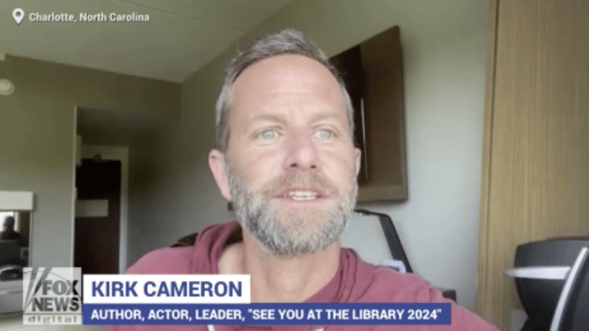 Kirk Cameron speaks on camera from Charlotte, NC