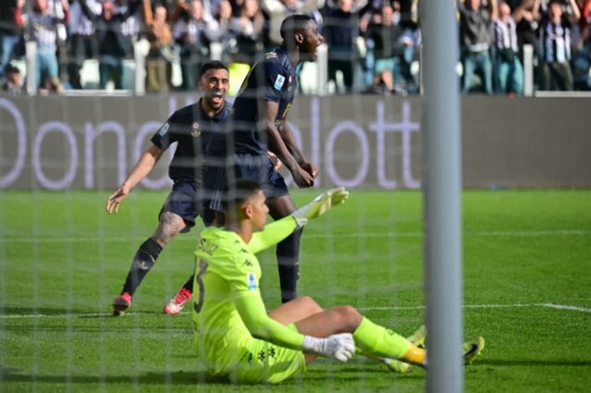 Randal Kolo Muani (C) celebrates after netting the second of his two goal against Empoli