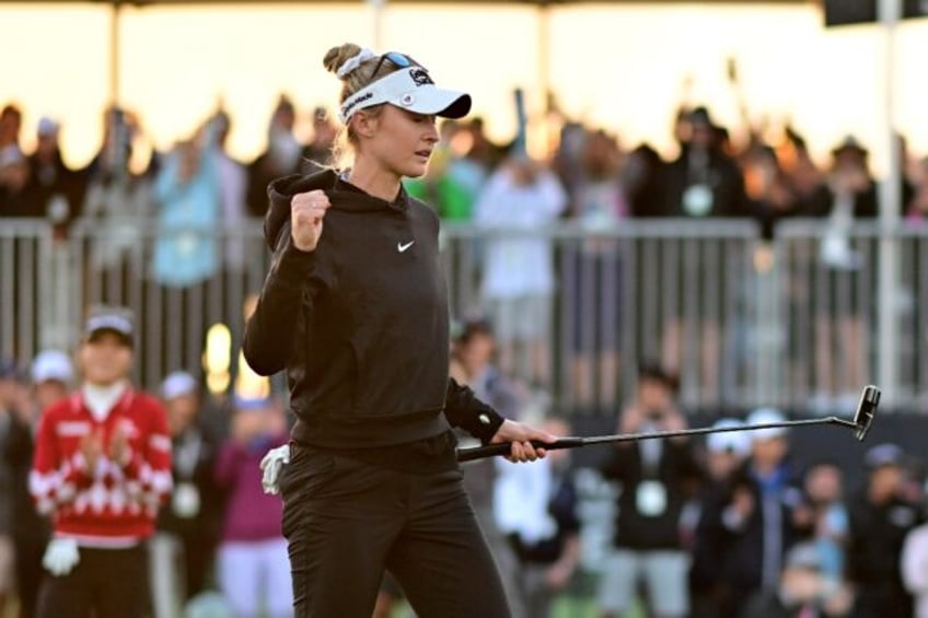 American Nelly Korda celebrates after sinking the winning putt on the second playoff hole to win the LPGA Drive On Championship