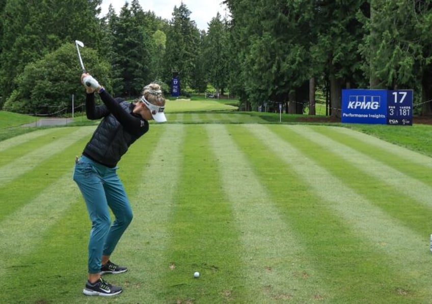 Nelly Korda plays a tee shot during a practice round at Sahalee Country Club in Washingto