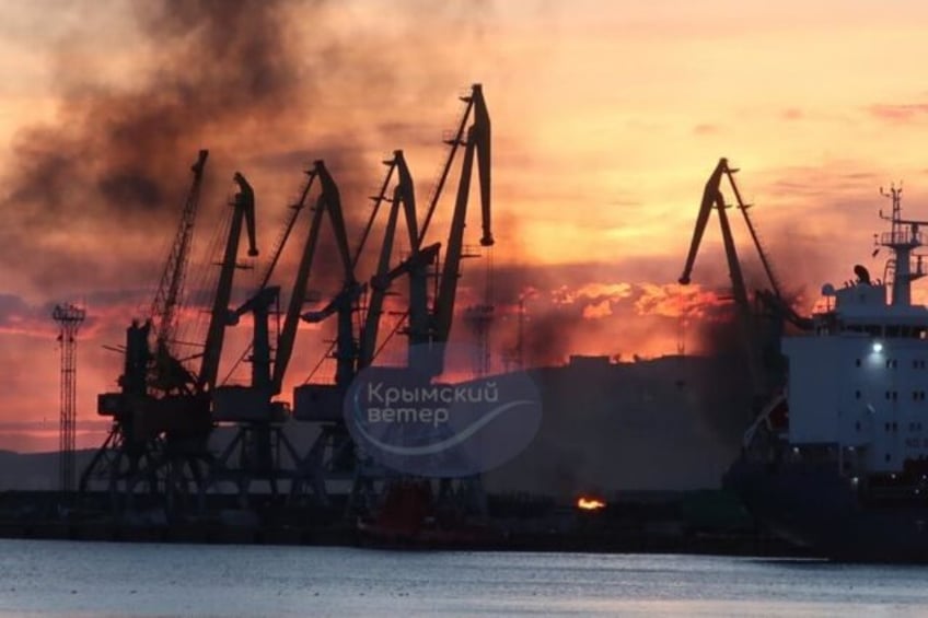 This photograph posted on the Telegram channel @VentdeCrimee shows a warship damaged in a Ukrainian attack in Russian-controlled Crimea