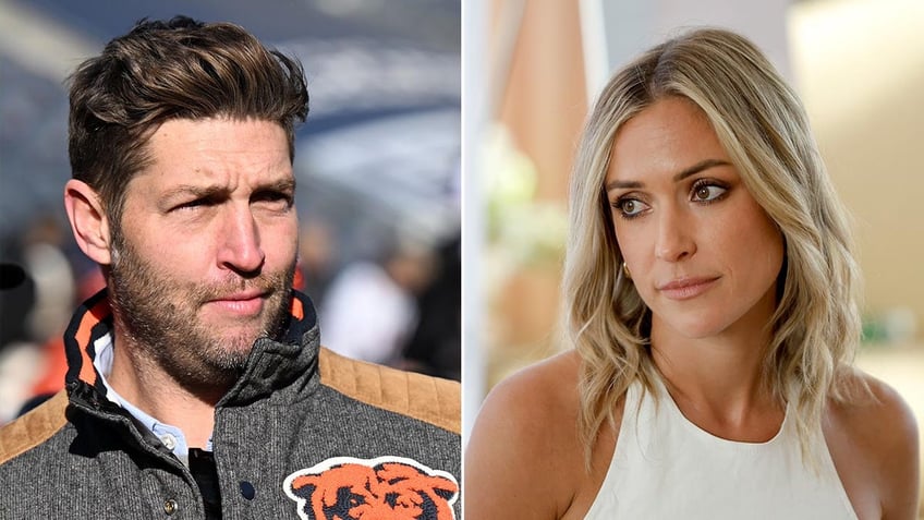 Jay Cutler in a grey letterman Chicago Bears jacket looks slightly to his left split Kristin Cavallari in a white tank top looks to her right