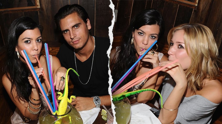 Kourtney Kardashian looks at the camera as she drinks from a drink with multiple color straws with Scott Disick sitting next to her split Kourtney Kardashian and Kristin Cavallari drink from the same drink