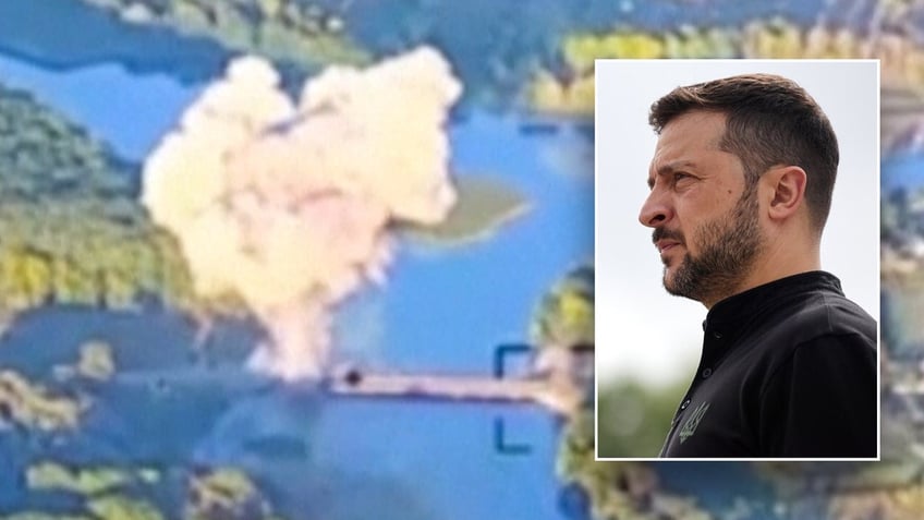 Inset of Volodymyr Zelenskyy over image of Kursk bridge strike