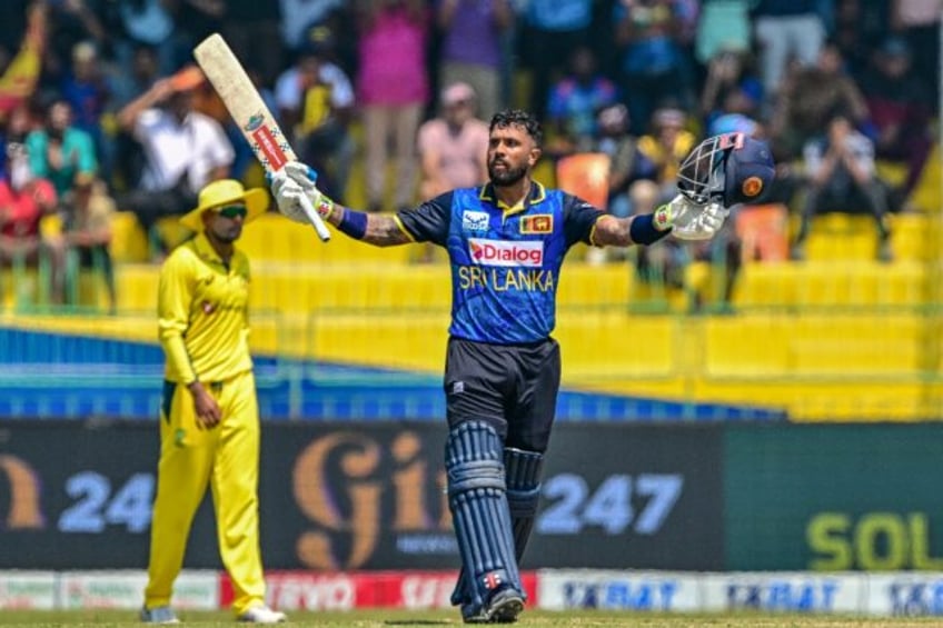 Sri Lanka's Kusal Mendis celebrates after scoring a century