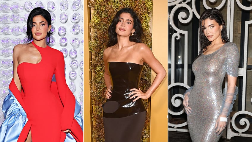 Kylie Jenner in a red cutout dress poses on the carpet split Kylie Jenner in a brown latex dress puts her hands on her hips split Kylie Jenner in a sheer sparkly silver dress