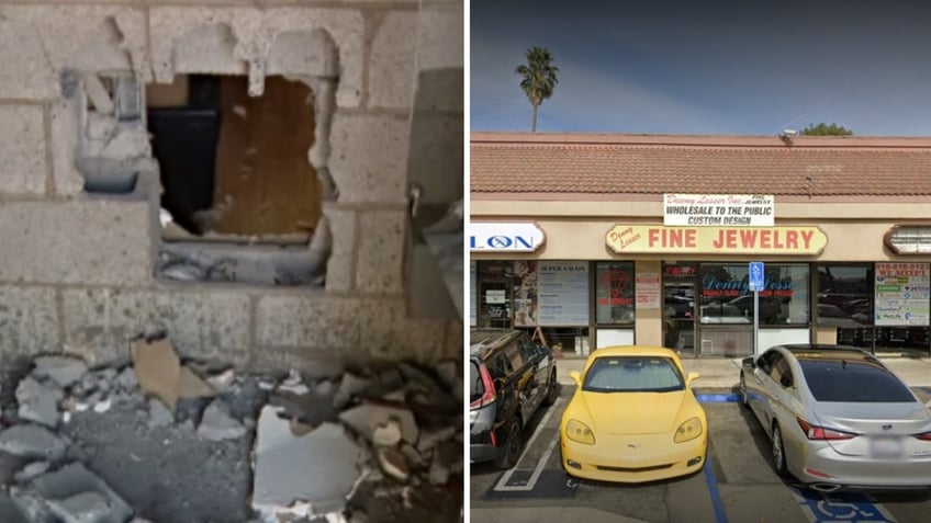A split image of the exterior of Denny Lesser Jewelry and damage to an exterior wall of the strip mall where the store is located