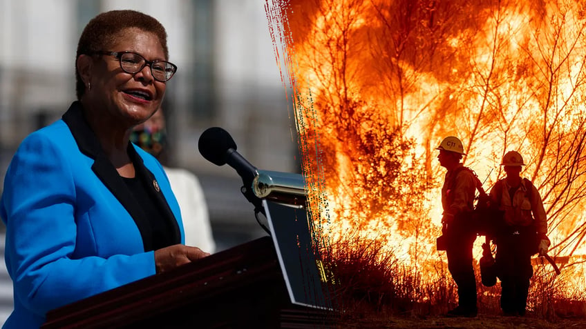 Karen Bass, LA mayor, left; raging wildfire, right