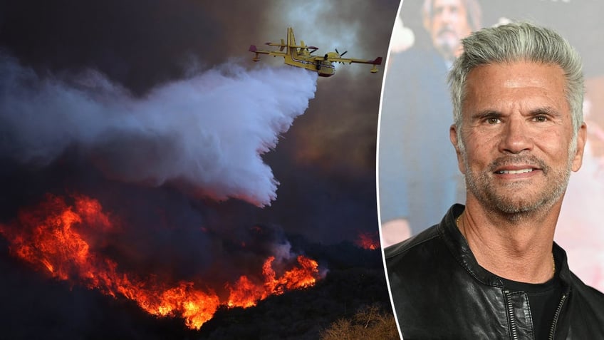 Lorenzo Lamas wears black leather jacket to premiere, super scooper makes air drop on LA fire.