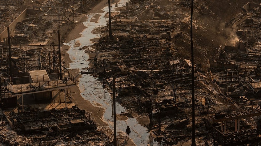 A person walks amid the destruction left behind by the Palisades Fire in the Pacific Palisades neighborhood