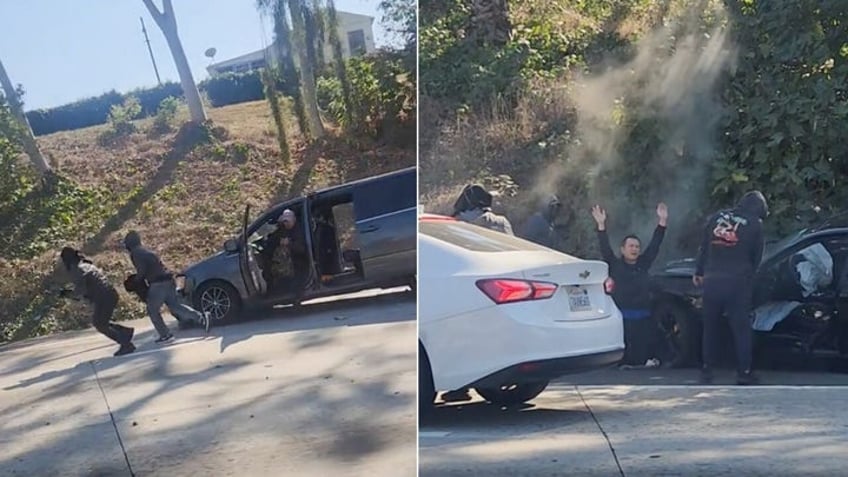 la freeway chase ends in brazen daylight robbery by masked bandits video