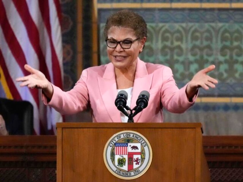 Los Angeles Mayor Karen Bass delivers her State of the City address from City Hall in Los