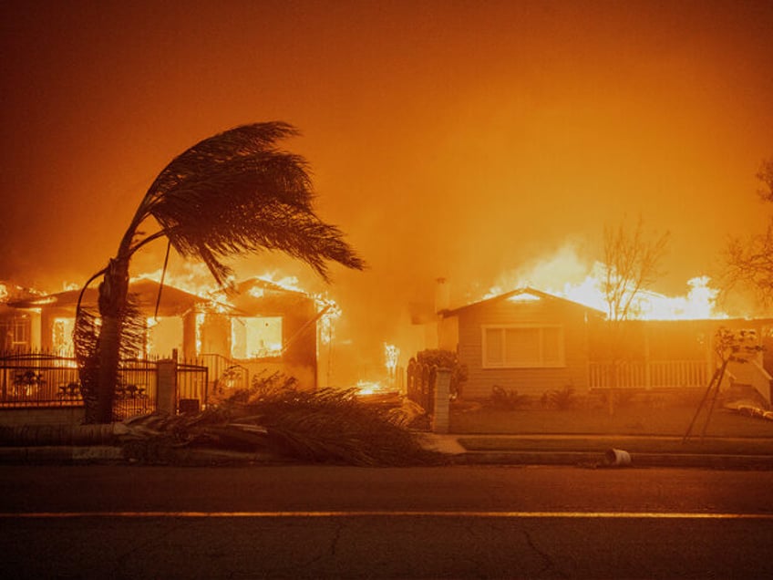 Trees sway in high winds as the Eaton Fire burns structures Wednesday, Jan. 8, 2025 in Alt