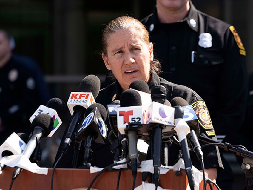 Los Angeles Fire Department Chief Kristin Crowley talks during a news conference at Harbor