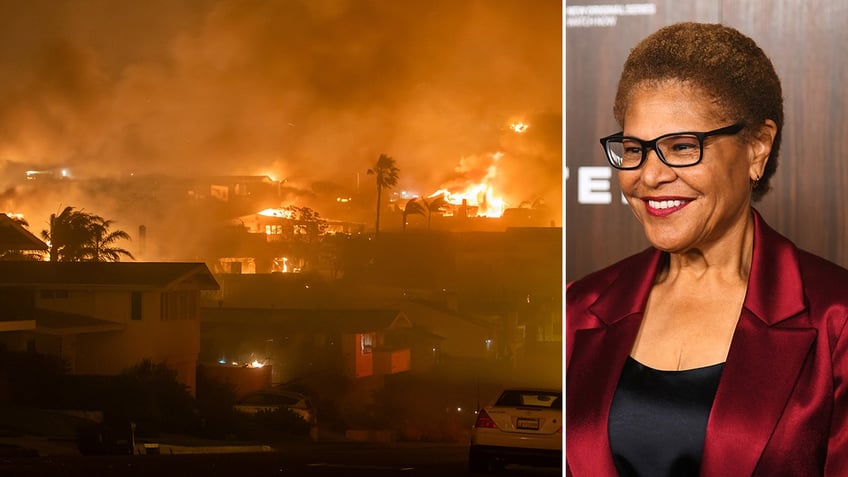 An image of wildfires and LA Mayor Karen Bass