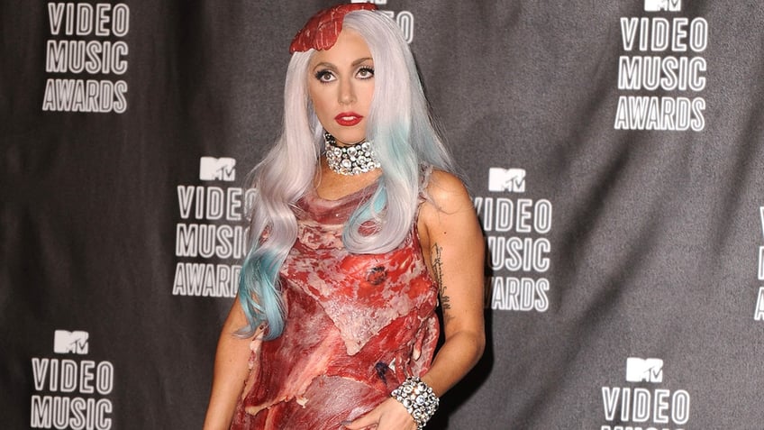 Lady Gaga in a meat dress at the 2010 VMAS