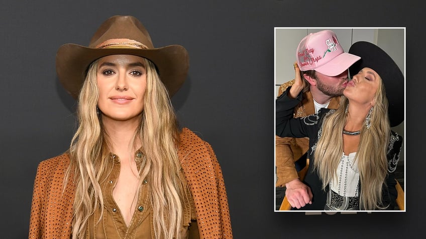 Lainey Wilson in a brown cowgirl hat and an orange studded jacket inset a photo of Devlin Hodges wearing a pink trucker hat and kissing Lainey Wilson on the cheek