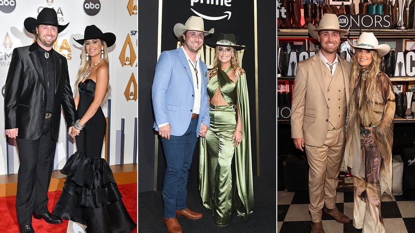 Devlin Hodges in a black suit and cowboy hat and Lainey Wilson in a black strapless dress and cowboy hat smile at the ACM awards split Devlin in a blue suit, jeans and cream cowboy hat smiles as he holds Lainey’s hand who is wearing a green shiny jumpsuit and black cowboy hat at the 58th CMAS carpet split Devlin in a three piece tan suit and cowboy hat smiles with Lainey in a patterned top and bottom and cream cowboy hat at the Academy Of Country Music Honors