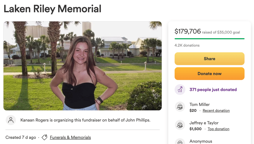 laken riley gofundme raises 180000 for angel family in one week