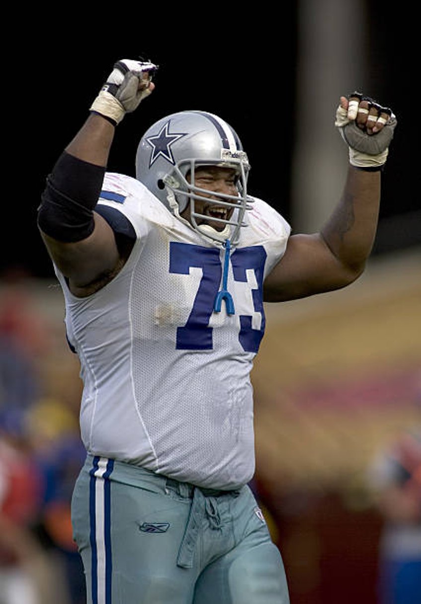 Larry Allen All-Pro guard for the Dallas Cowboys celebrate the winning touchdown in the fourth quarter in a game against the San Francisco 49ers at...