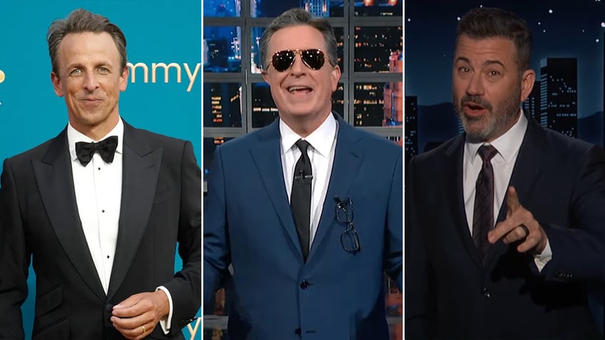 Photo montage of Seth Meyers, Stephen Colbert and Jimmy Kimmel