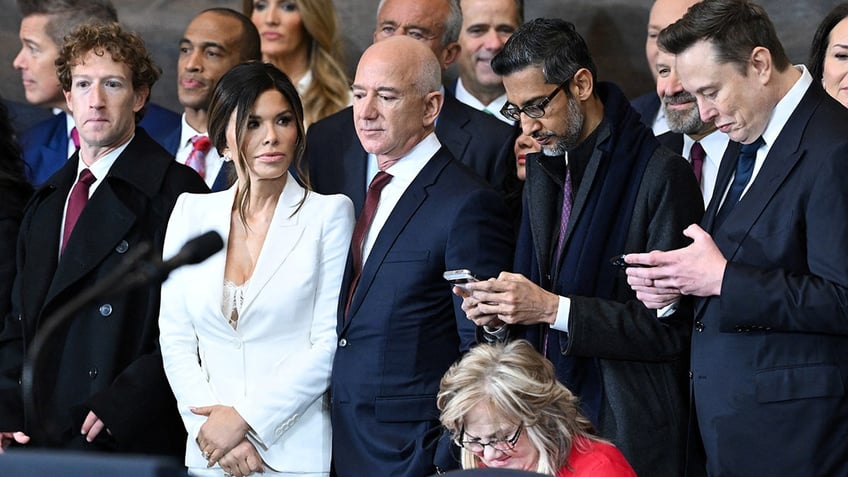 CEO of Meta and Facebook Mark Zuckerberg, Lauren Sanchez, Amazon founder Jeff Bezos, Google CEO Sundar Pichai and Tesla and SpaceX CEO Elon Musk attend the inauguration ceremony before Donald Trump is sworn in