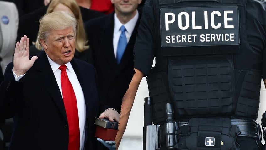 photo illustration: Trump swearing in 2017 and uniformed police officer