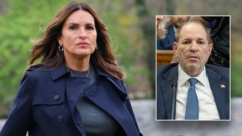 A photo of Mariska Hargitay with an inset of Harvey Weinstein