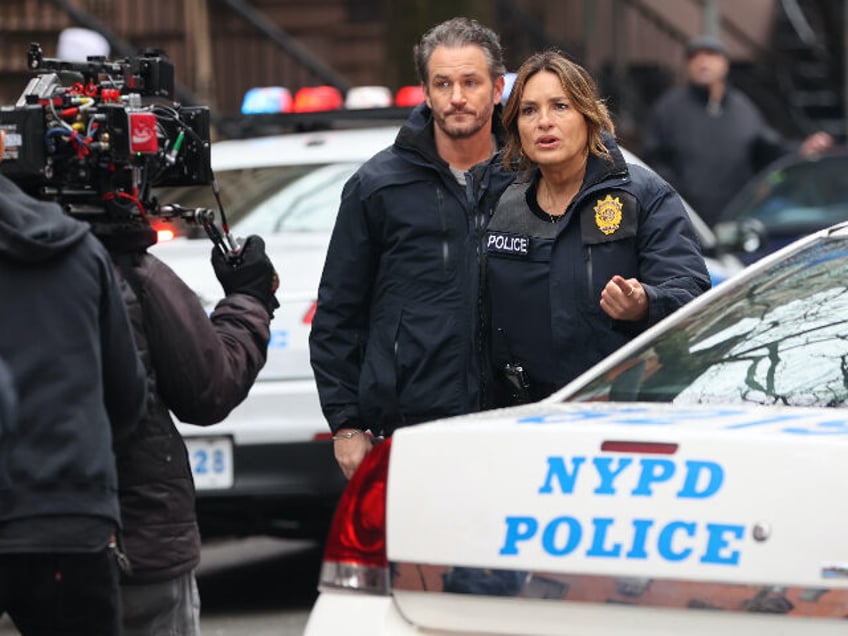 NEW YORK, NY - MARCH 07: Kevin Kane and Mariska Hargitay are seen on the set of "Law