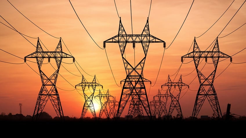 A group of powerlines during sunset