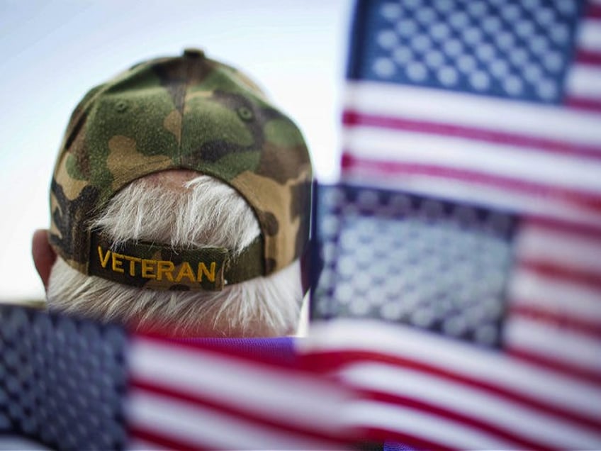 Frank Lindsey, wears a Veterans hat surrounded by flags as he attends a Veterans Day parade Tuesday, Nov. 11, 2014, in Montgomery, Ala.(AP Photo/Brynn Anderson) veteran